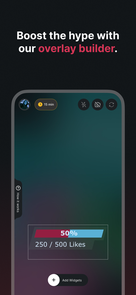 Tikfinity Mobile app interface showing the overlay builder with a live stream likes goal bar