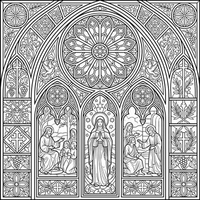 Explore the timeless beauty of a grand stained glass window with this intricate coloring page. Featuring detailed religious scenes and gothic architectural elements, it offers a deeply rewarding creative experience.