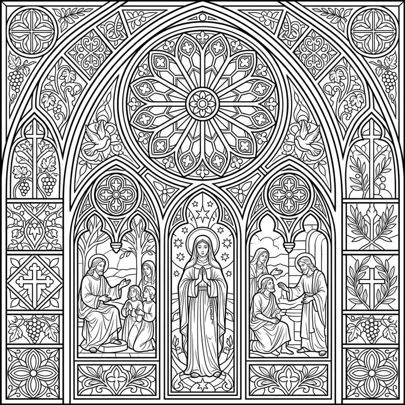 Explore the timeless beauty of a grand stained glass window with this intricate coloring page. Featuring detailed religious scenes and gothic architectural elements, it offers a deeply rewarding creative experience.