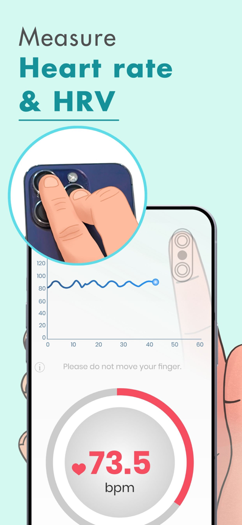 Blood Oxygen App- Watch - A mobile app interface displaying a heart rate of 73.5 bpm and an HRV graph while measuring with a finger on the camera.