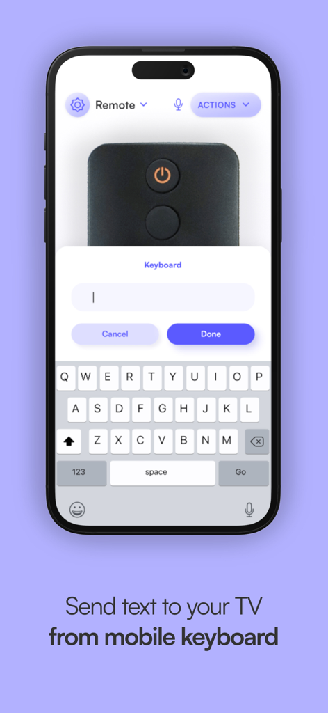 Remote control for Mi Box - Smartphone app showing a keyboard interface to send text to a Mi Box TV