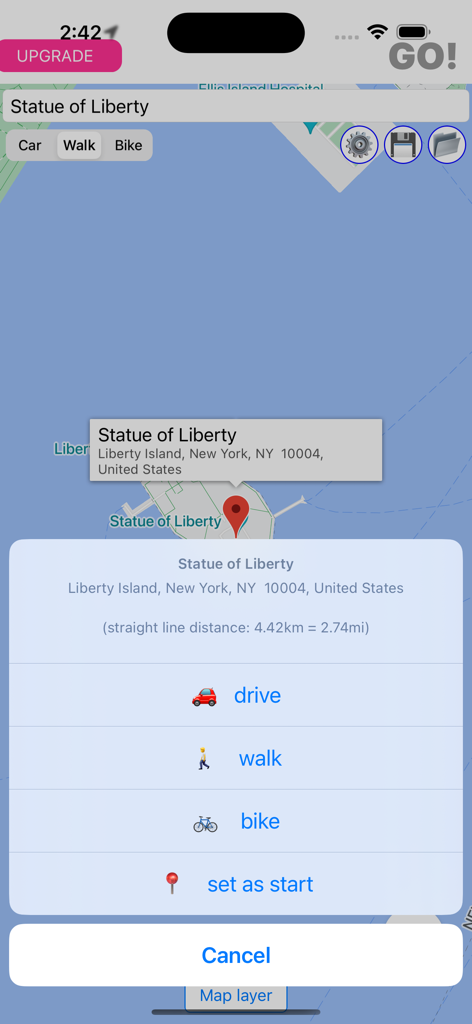 r.485 - Navigation and more! - Interface of r.485 app showing a map with route options for the Statue of Liberty including drive walk and bike modes