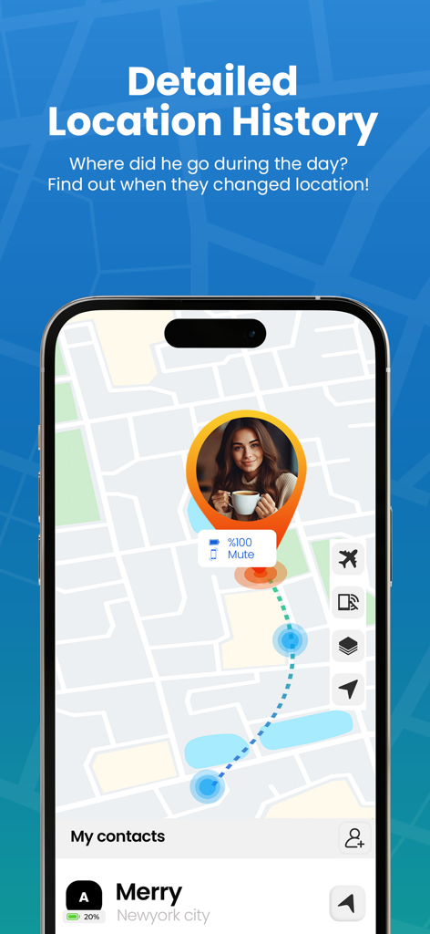 Findos app screenshot showing a detailed location history map with a tracked person's path and status