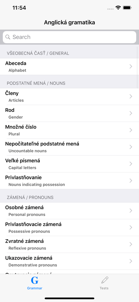 English grammar app interface with lessons in Slovak