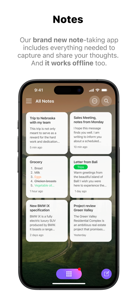 Mobile Ansicht der IceWarp App mit einem organisierten Raster von Notizen zu geschäftlichen und persönlichen Themen