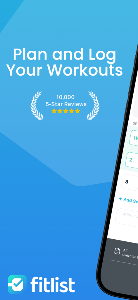 Fitlist app splash screen featuring the text Plan and Log Your Workouts with a badge for 10,000 five star reviews.