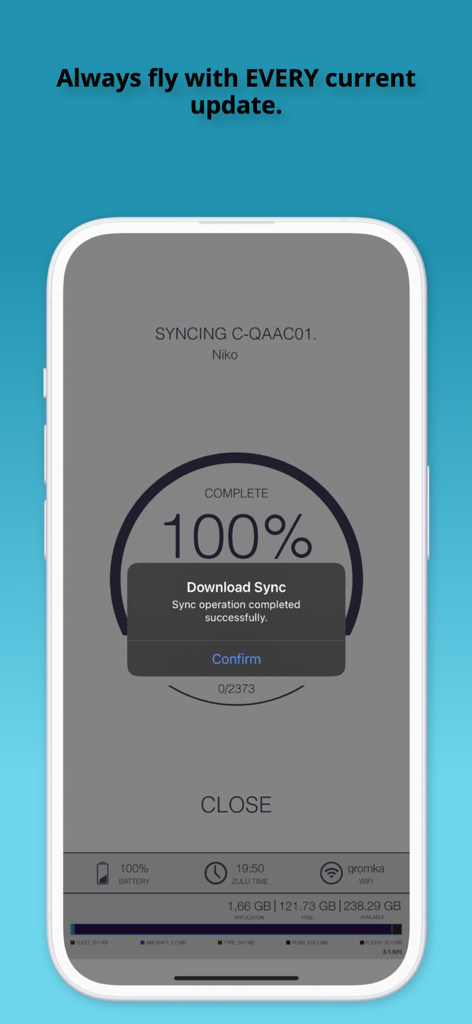 Una pantalla de teléfono móvil que muestra una sincronización exitosa del 100 por ciento de los documentos de vuelo en la aplicación Bombardier Flight Deck 3