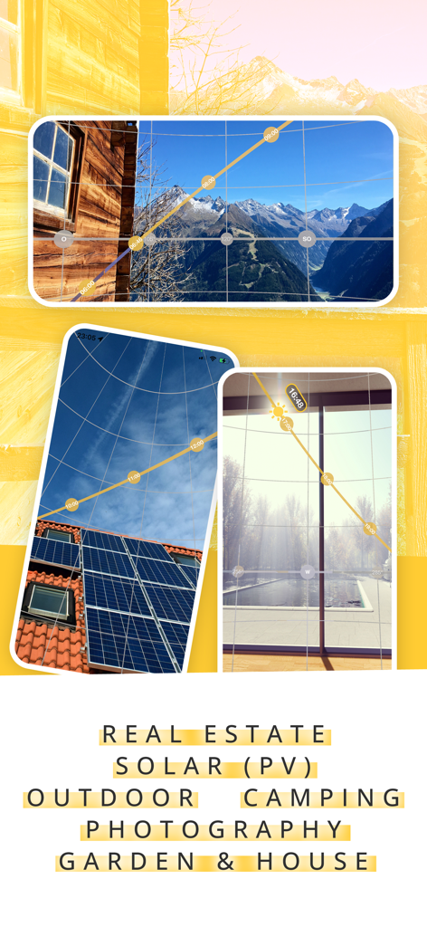 SunOnTrack app screenshots showing augmented reality sun path tracking for solar panels real estate and photography