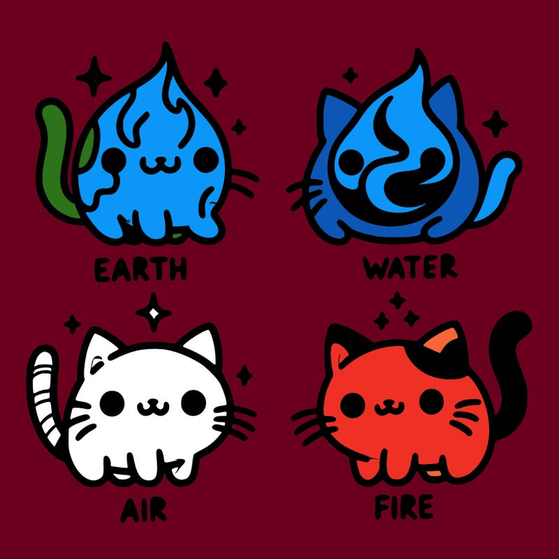 4 cats that represent the different elements, earth, water, air, and fire