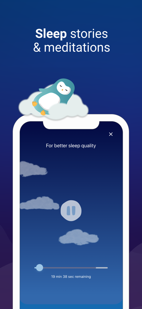 Wysa: Mental Wellbeing AI - Wysa app interface showing a sleep story session with a penguin character on a cloud