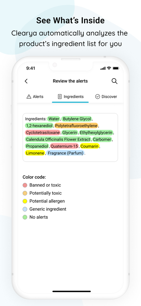 Clearya - Clearya app screenshot showing a color-coded ingredient list highlighting toxic and safe components with a safety legend.