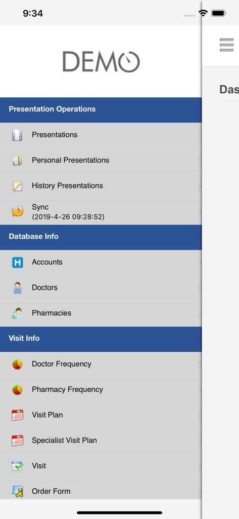 Veribase - Menü der mobilen Veribase-App mit Modulen für Präsentationen, Datenbankinfos und Besuchsplanung für Pharma-Außendienstmitarbeiter