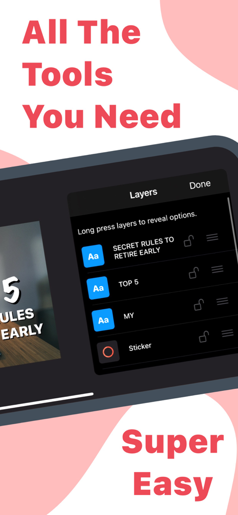 Thumbnail Creator for YouTube - Interfaz de aplicación móvil que muestra una gestión sencilla de capas para crear miniaturas de YouTube.