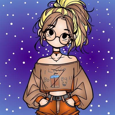 girl with a messy ponytail glasses a baggy crop top and jean shorts