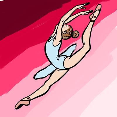 gymnast doing a leap in a leotard with a bent back leg
