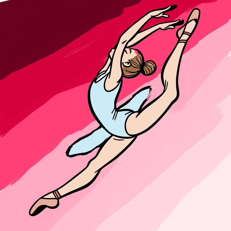 gymnast doing a leap in a leotard with a bent back leg