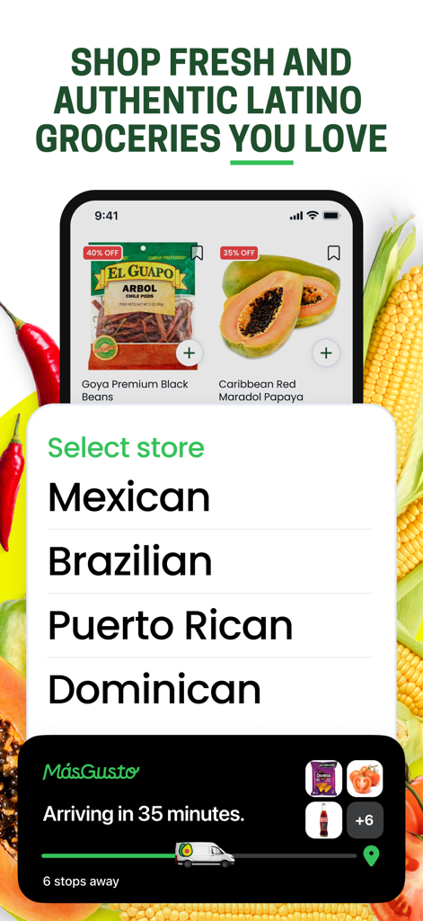 MásGusto - Interfaz de la aplicación MasGusto que muestra categorías de comestibles latinos como mexicana y brasileña con seguimiento de entrega en tiempo real.