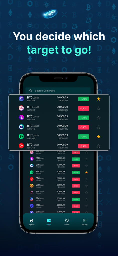 Crypto Signals - Trading Alert - Crypto Signals app interface showing real-time Bitcoin price targets and market trends