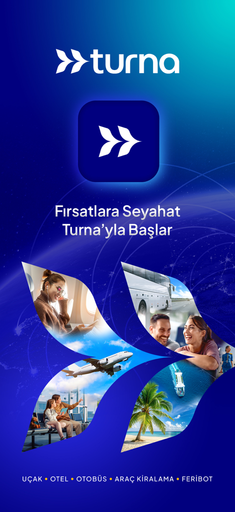 Turna app splash screen featuring travel options for flights, hotels, buses, car rentals, and ferries.