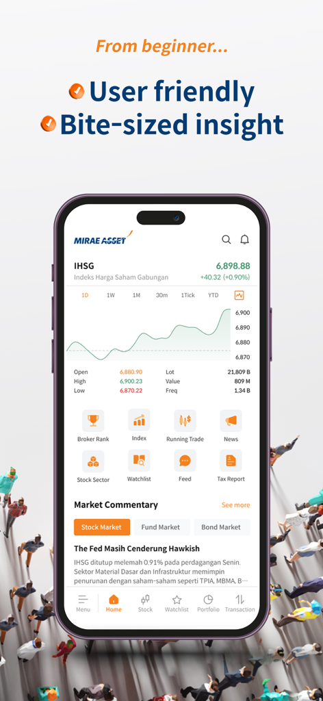 M-STOCK app dashboard with stock market index chart and investment news.
