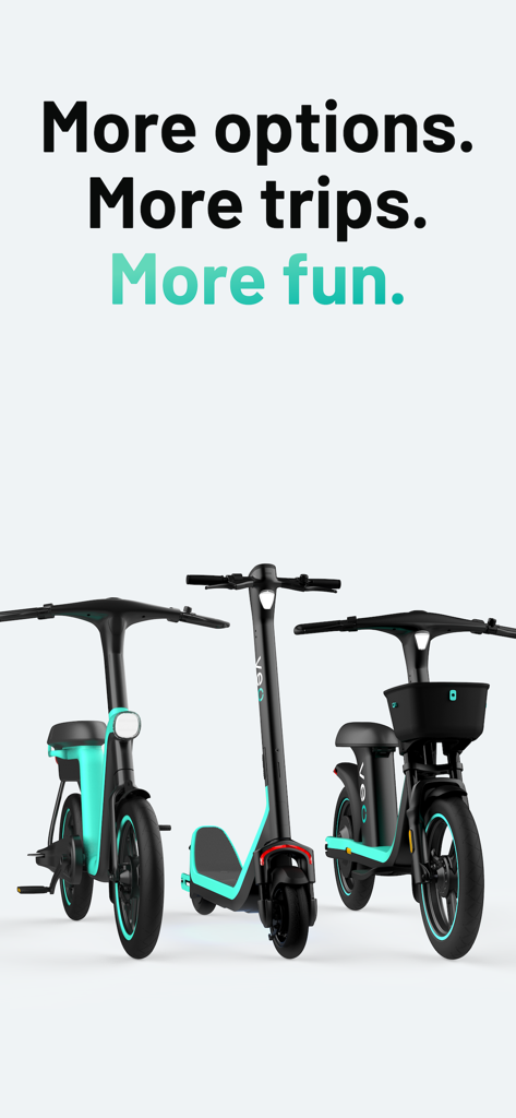 Veo - Three Veo electric vehicles including a standing e-scooter and two seated scooters with the text More options More trips More fun