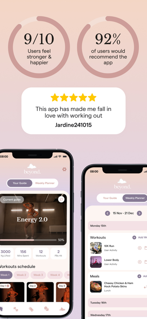 Beyond App interface featuring user reviews, fitness guide statistics, and a weekly meal and workout planner.