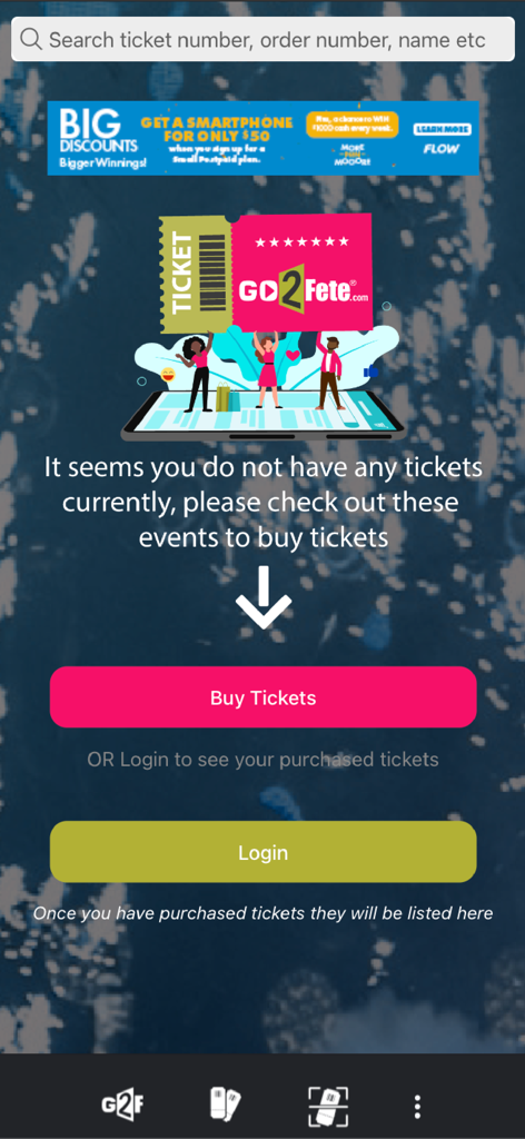 Go2Fete app screen showing empty ticket list with buttons to buy tickets or login