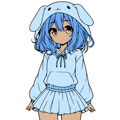 pretty anime girl wearing a fluffy hoodie with bunny ears on the hood and a skirt