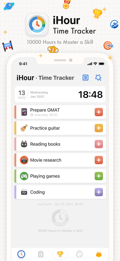 iHour app interface showing a list of tracked habits like coding and guitar practice with a focus on the 10000 hours mastery rule