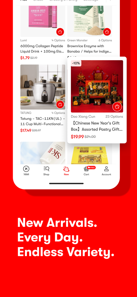 Yami: Shop All of Asia’s Best - Captura de tela do aplicativo móvel Yami mostrando uma ampla seleção de produtos asiáticos, incluindo lanches, bebidas de beleza e uma panela de arroz sob o título Novidades Todos os Dias, Variedade Infinita.