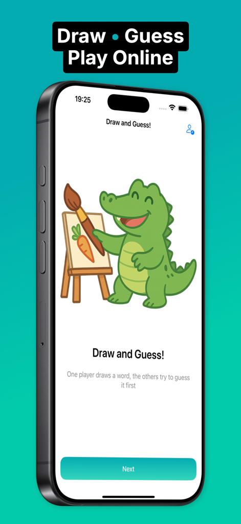 Draw • Guess - 漫画のワニが絵を描いているDraw Guessモバイルアプリのウェルカムスクリーン