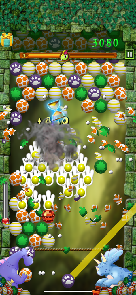 Gameplay screenshot of Egg Shoot Dino showing a bubble shooter interface with colorful dinosaur eggs and a jungle background