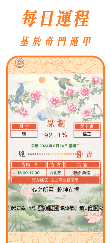 好运相随 - 祈福 周易占卜 祭祀 Chi Palace - A daily fortune prediction screen from the Chi Palace app featuring traditional Chinese artwork and Qi Men Dun Jia divination results