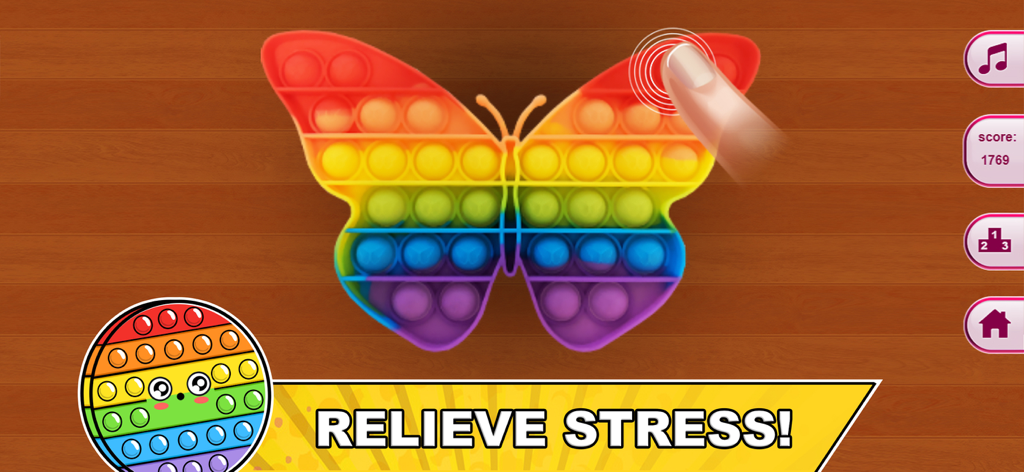 A finger popping bubbles on a rainbow butterfly fidget toy in the Pop it Master mobile game to relieve stress.