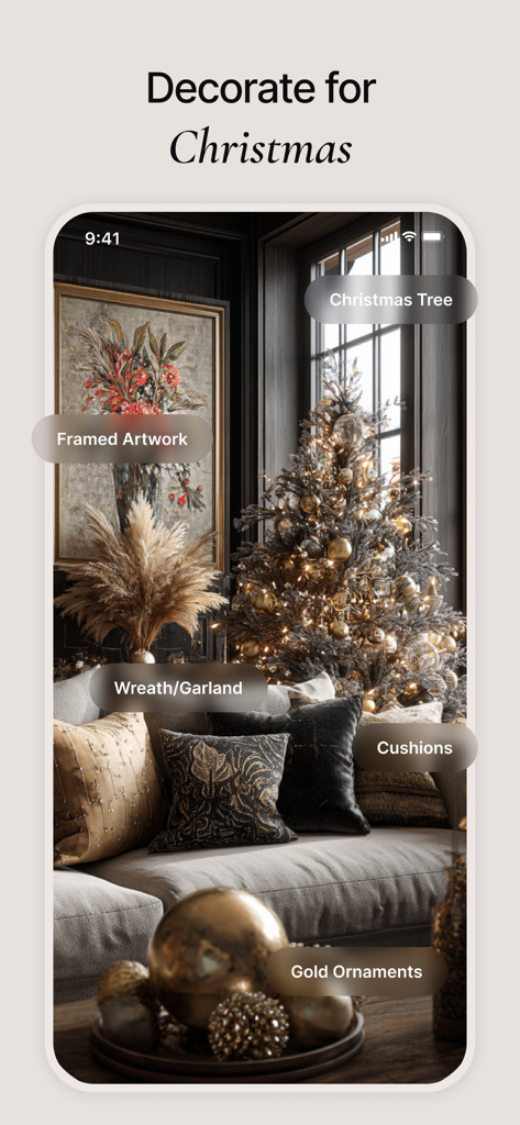 CozyAI - AI Home Design - Mobile app interface showing a living room decorated for Christmas with a tree and gold ornaments using AI