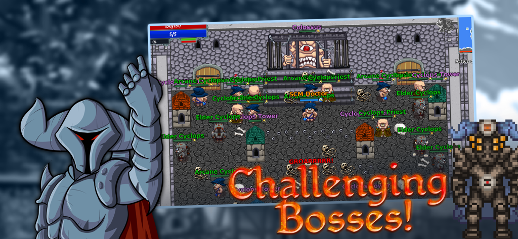 Kakele Online - MMORPG - Kakele Onlineのレトロ2Dピクセルアートゲームプレイ、サイクロプス敵とのボス戦を表示