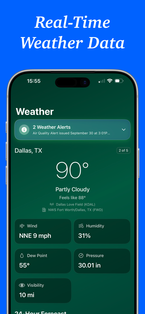 Aeravis Weather - Aplicación Aeravis Weather en iPhone mostrando datos meteorológicos en tiempo real para Dallas Texas, incluyendo temperatura, viento y humedad.