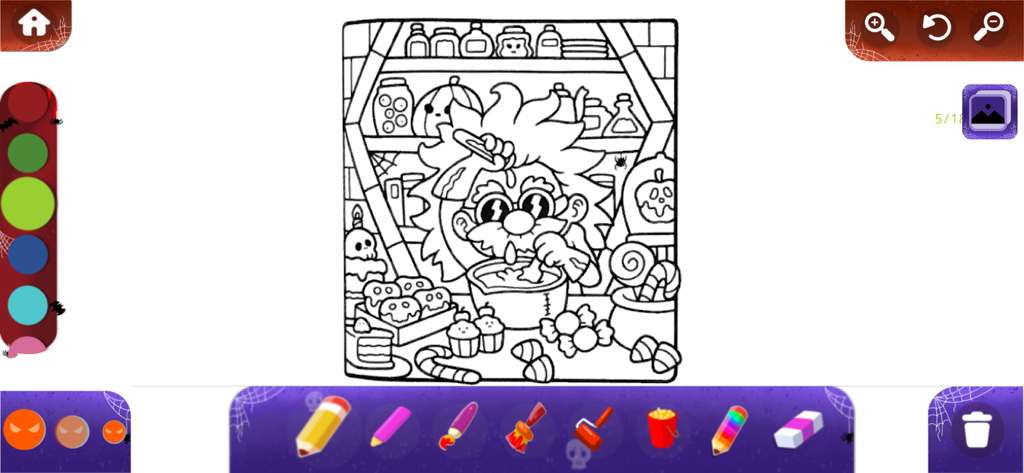 Bobbie Goods Art Coloring Book - Interface de colorir digital apresentando arte de linha caprichosa de um personagem em um laboratório com uma barra de ferramentas de ferramentas de desenho coloridas.