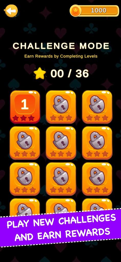World of Jacks challenge mode screen showing 36 levels and reward progress