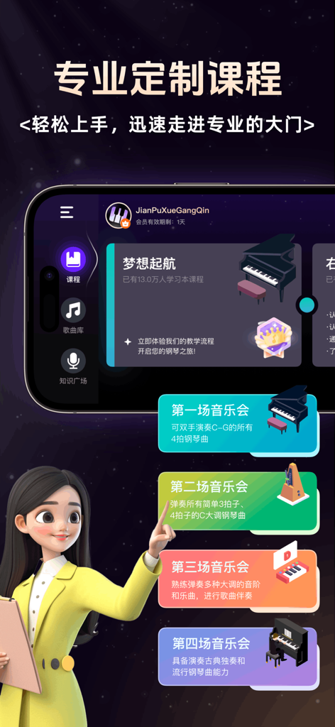 Eine mobile App-Oberfläche, die einen strukturierten, vierstufigen professionellen Klavierlern-Fahrplan mit einem Cartoon-Lehrer zeigt.
