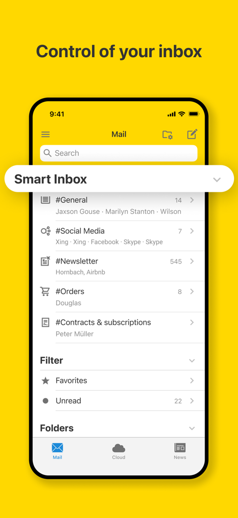 WEB.DE - Mail, Cloud & News - WEB.DE email app interface displaying the smart inbox with automated categories for newsletters social media and orders
