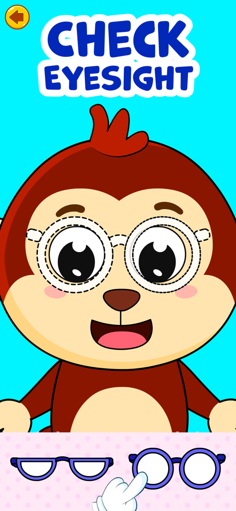 Doctor Games for Kids: Dentist - Un personaje de mono de dibujos animados sometiéndose a un chequeo de la vista en un juego educativo para niños pequeños.