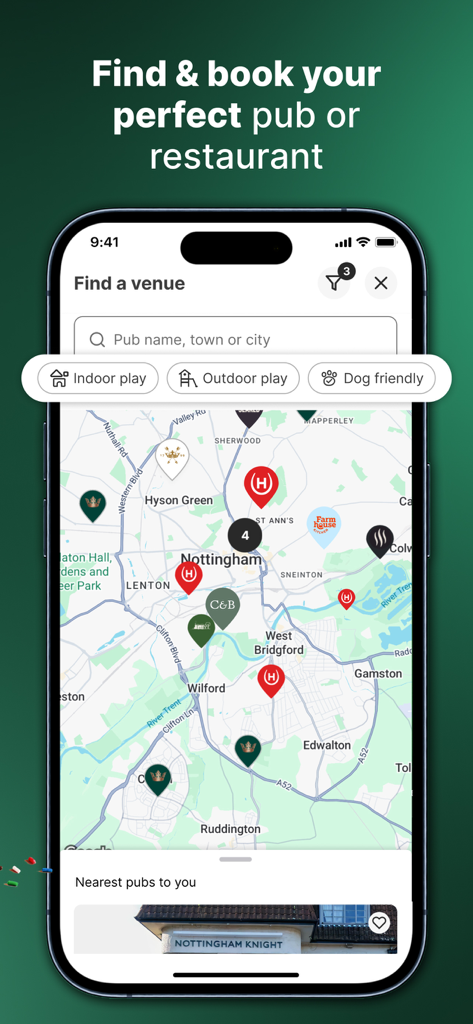 A smartphone showing the Greene King app with a map of Nottingham for finding and booking pubs with filters like dog-friendly and outdoor play.