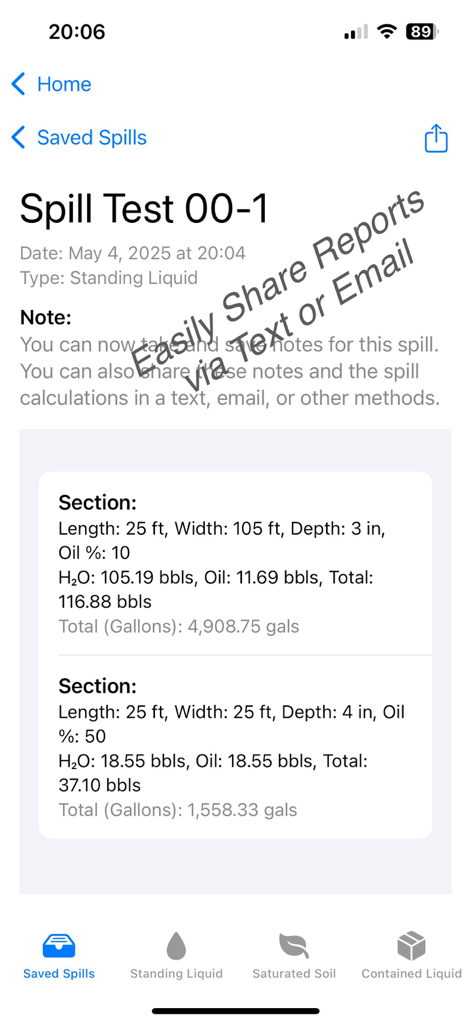 Spill Calc - Pro - Screen showing a saved spill report with detailed volume calculations in barrels and gallons