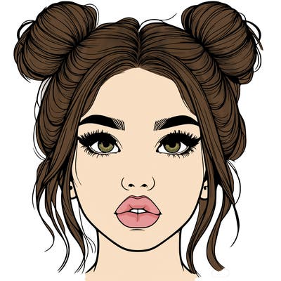 realistic girl with two buns on her hair and lips