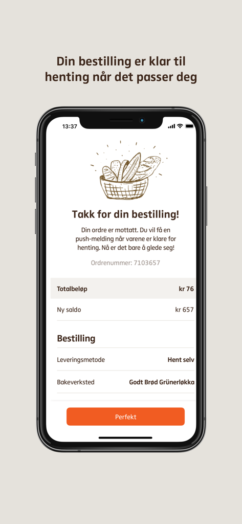 A mobile app screen showing a successful order confirmation for a bakery with pickup details and a bread basket illustration
