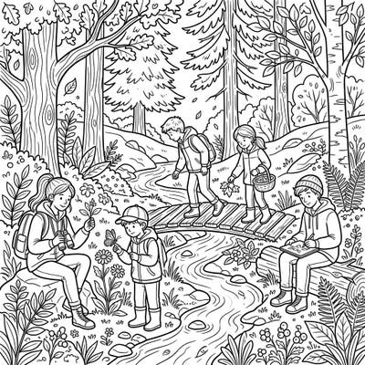 Discover the tranquility of nature with this charming coloring page, depicting children and youth on a gentle forest adventure. Designed with clear, thick outlines, it offers a peaceful and engaging activity for seniors seeking comfort and cognitive stimulation.