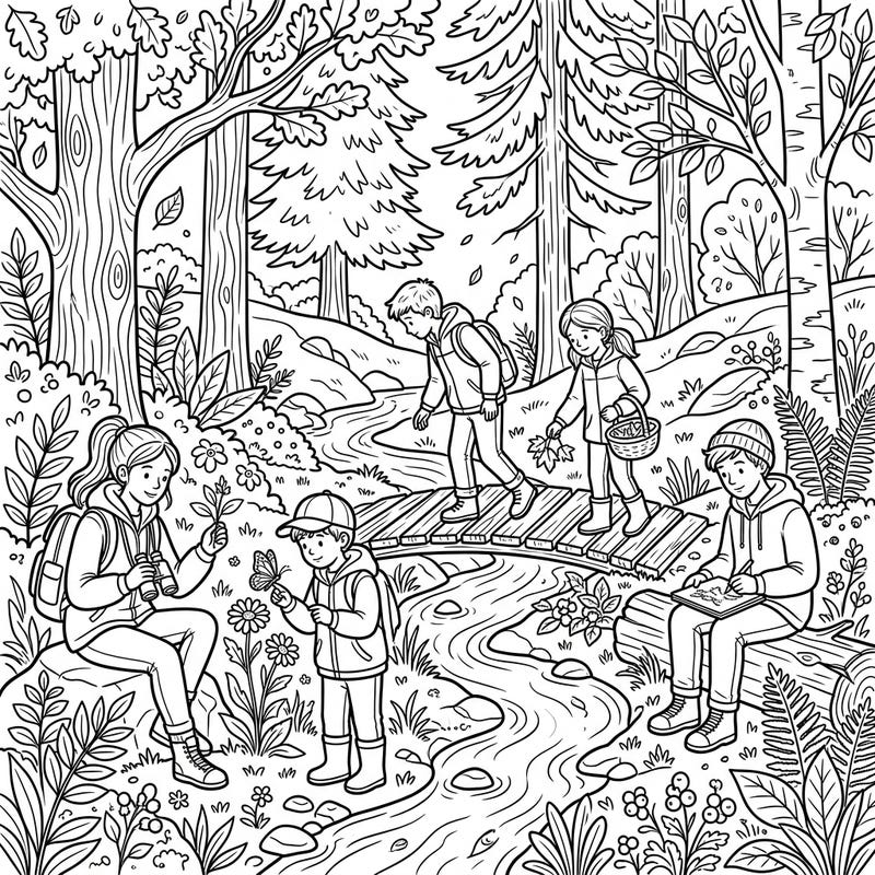 Discover the tranquility of nature with this charming coloring page, depicting children and youth on a gentle forest adventure. Designed with clear, thick outlines, it offers a peaceful and engaging activity for seniors seeking comfort and cognitive stimulation.