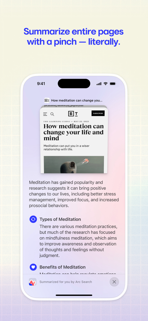 A smartphone screen displaying Arc Search's AI summarization feature on an article about meditation.