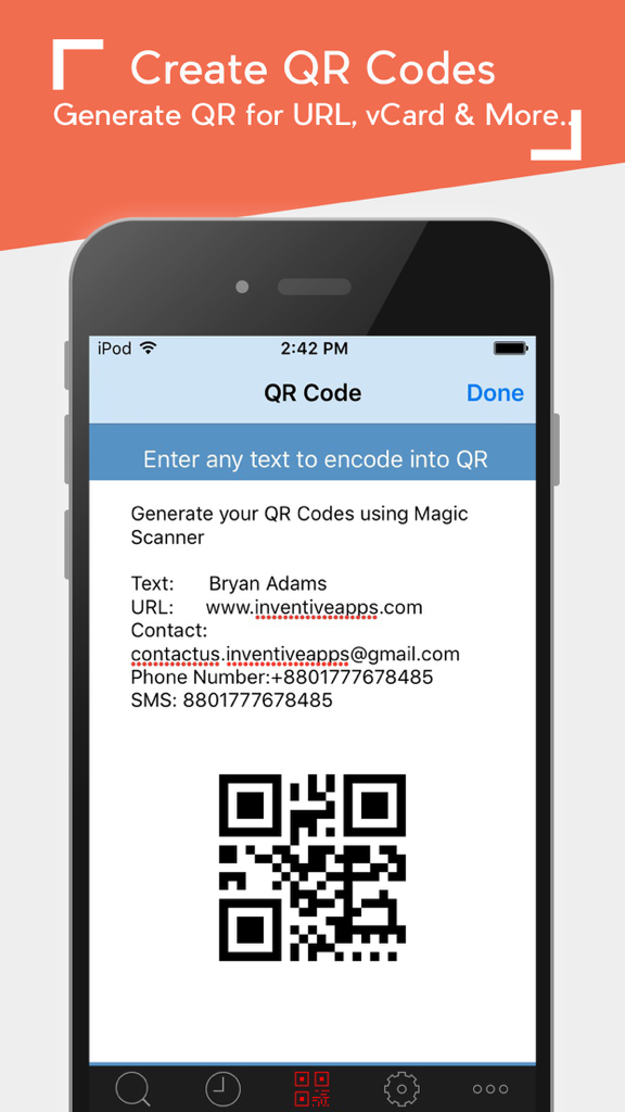 Interface for creating custom QR codes with contact and URL information